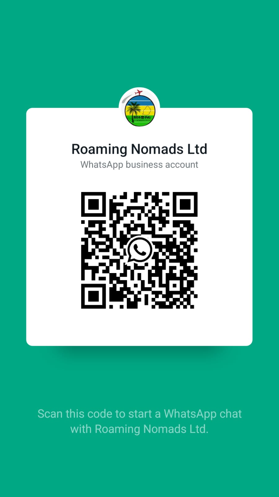 QR code to start a WhatsApp chat with Roaming Nomads Ltd